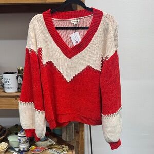 POL Red and Cream V-Neck Sweater